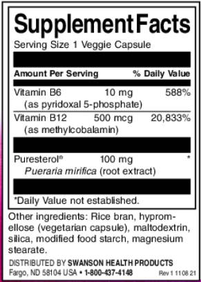 Етикет на Swanson Pueraria Mirifica - Puresterol® | with Vitamin B6 & B-12 60 капсули, 60 Дози