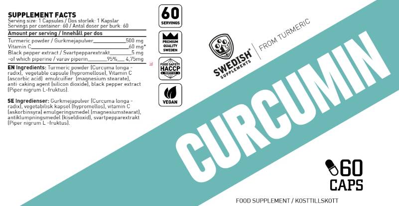 Етикет на Swedish Supplements Curcumin Turmeric 500 mg | with Vitamin C & Black Pepper Piperine 90 капсули, 90 Дози