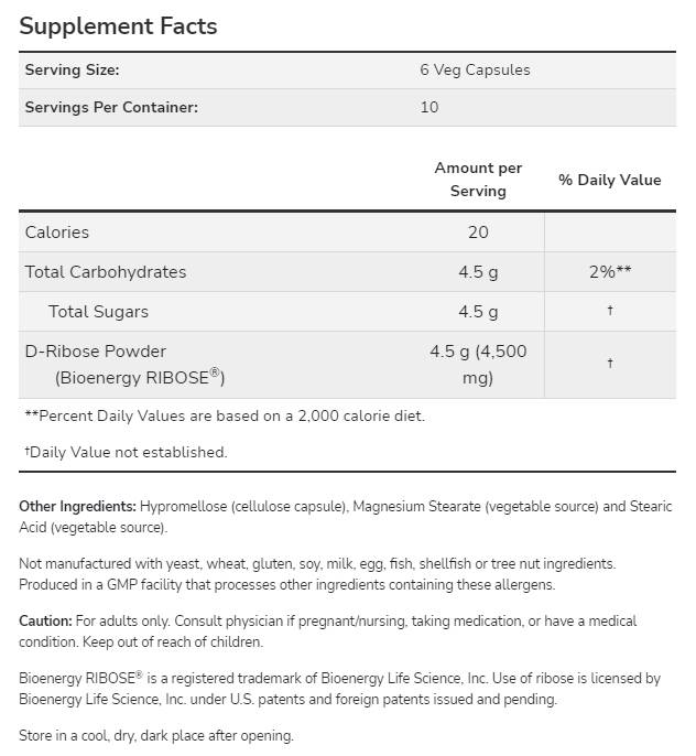 Етикет на D-Ribose 750 mg