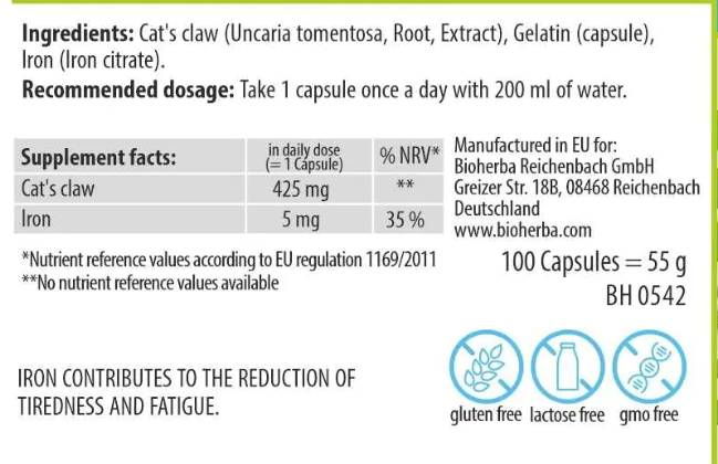 Етикет на Cat's Claw 470 mg