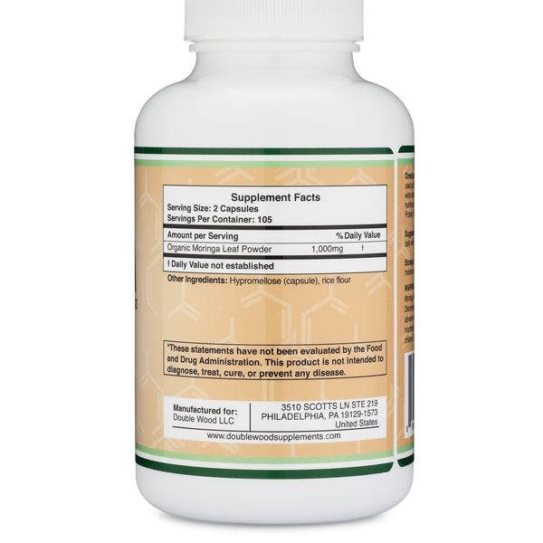Етикет на Double Wood Supplements Moringa 1000 mg 210 капсули, 105 Дози