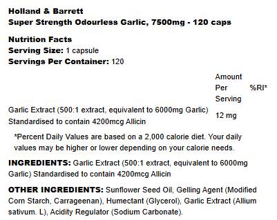 Етикет на Holland And Barrett Super Strength Odourless Garlic 120 капсули, 120 Дози