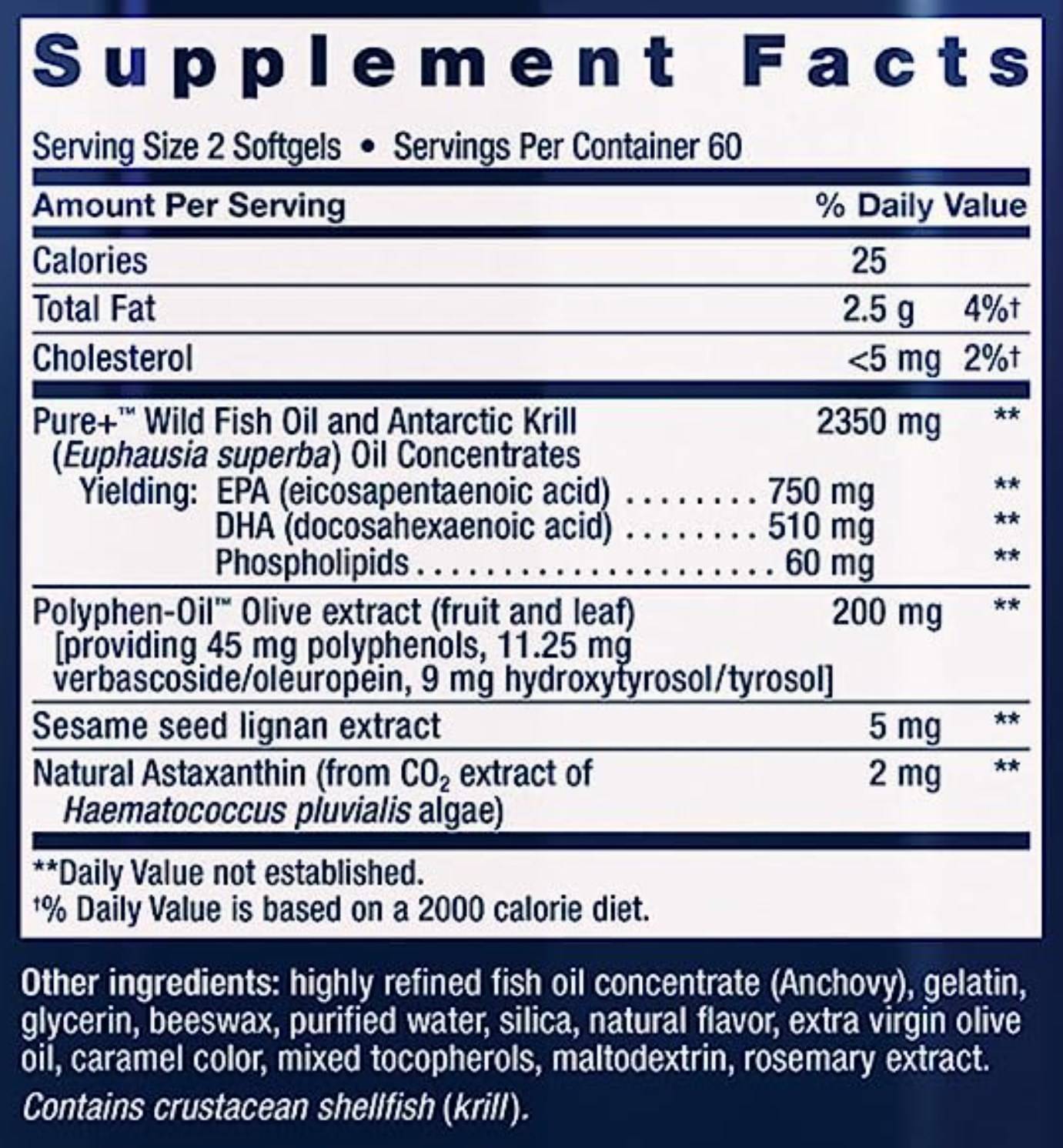 Етикет на Life Extension Super Omega-3 Plus | with Sesame Lignans, Olive Extract, Krill Oil & Astaxanthin 120 Гел капсули, 60 Дози
