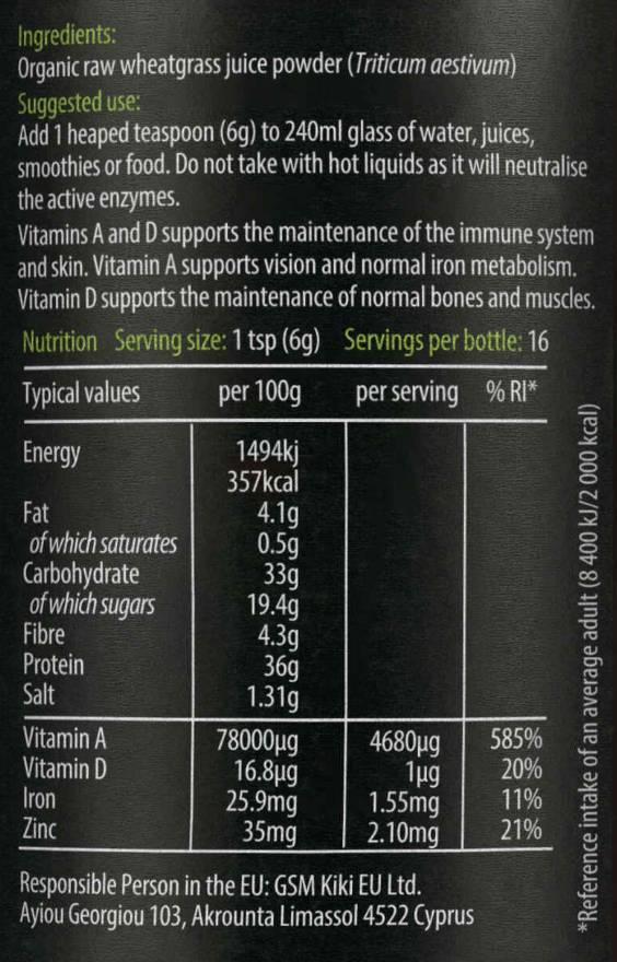 Етикет на KIKI Health Organic Wheatgrass Juice Powder 100 грама, 16 Дози