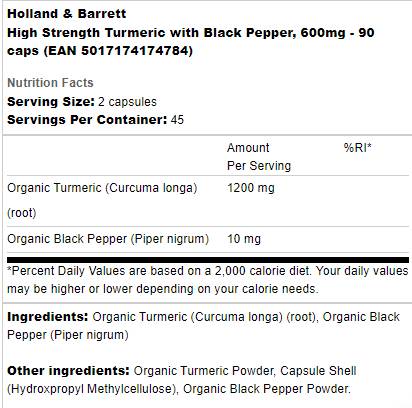 Етикет на Holland And Barrett High Strength Turmeric 600 mg | With Black Pepper 90 капсули, 45 Дози