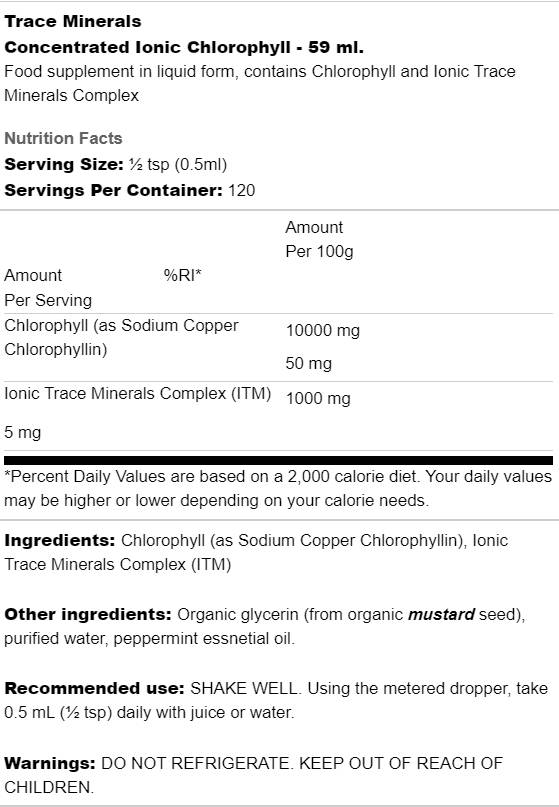 Етикет на Trace Minerals Ionic Chlorophyll 6000 - Йонен Хлорофил | 59ml