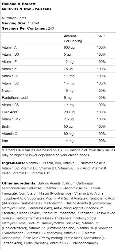 Етикет на Holland And Barrett Multivits & Iron