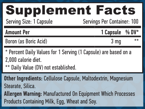 Етикет на Haya Labs Boron 3 mg. / 100 VCaps.