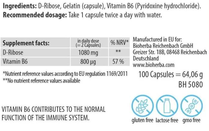 Етикет на D-Ribose 540 mg