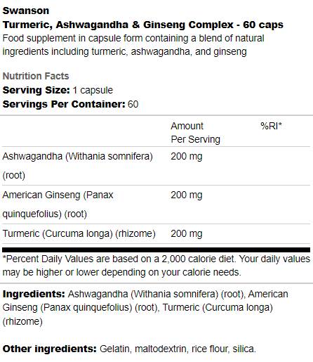 Етикет на Swanson Turmeric, Ashwagandha & Ginseng Complex 60 капсули, 60 Дози