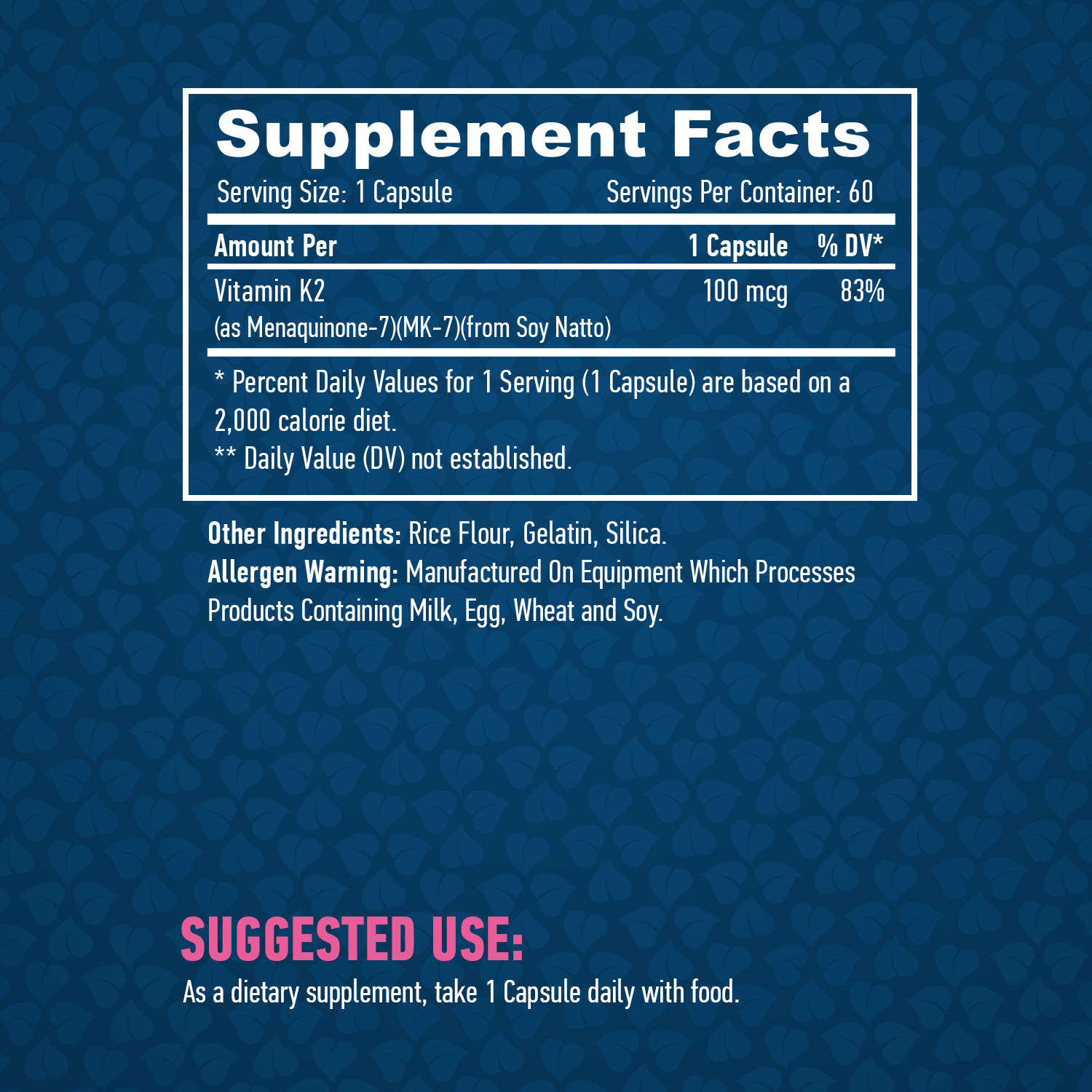 Етикет на Haya Labs Vitamin K2-Mk7 100mcg / 60 Caps