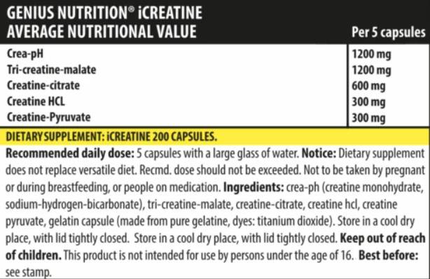 Етикет на Genius Nutrition iCreatine 200 капсули, 40 Дози