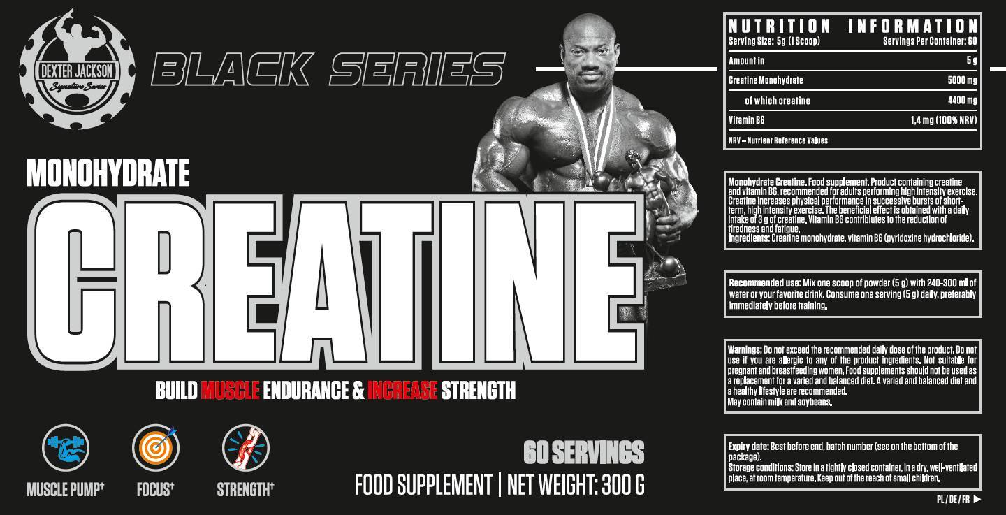 Етикет на Dexter Jackson Signature Series Black Series | Creatine Monohydrate with Vitamin B6 300 грама, 60 Дози Неовкусен