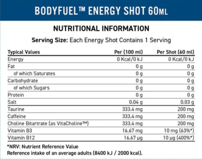 Етикет на Applied Nutrition Bodyfuel Energy Shots