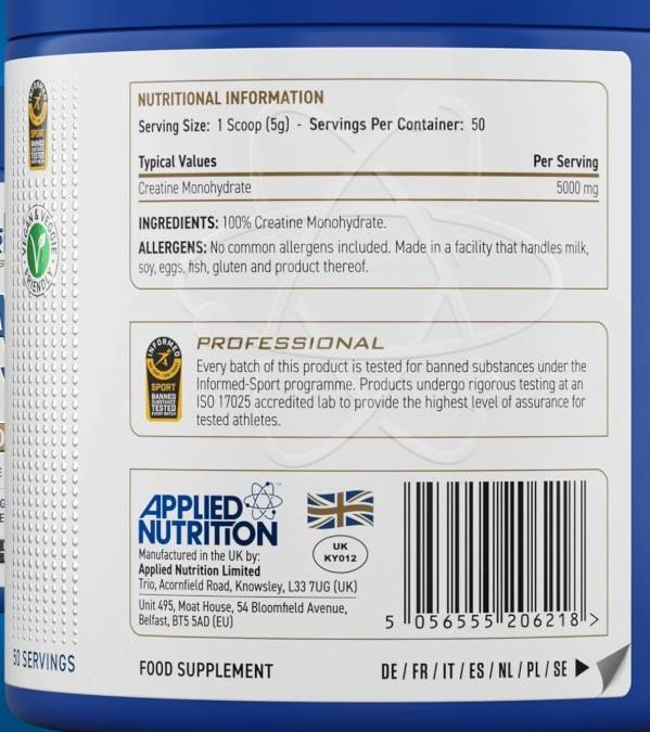 Етикет на Applied Nutrition Creatine Monohydrate