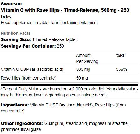 Етикет на Swanson Timed-Release Vitamin C 500 mg | With Rose Hips 250 Таблетки, 250 Дози