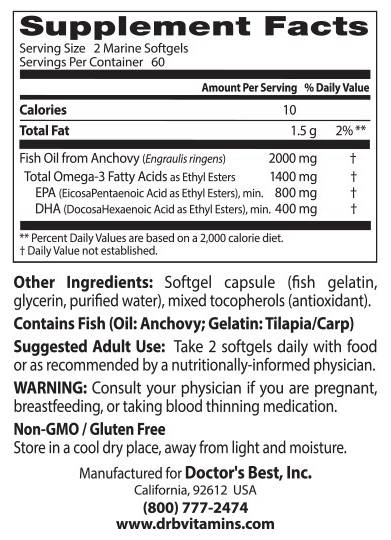 Label of BEST Omega 3 Fish Oil 1000 mg / Purified & Clear