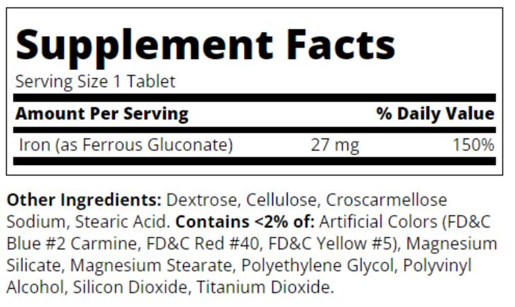 Етикет на Iron 27 mg Ferrous Gluconate