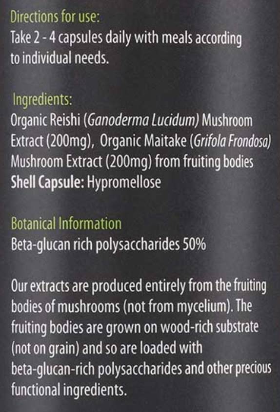 Label of KIKI Health Organic Reishi & Maitake Mushroom Extract 60 капсули, 30 Дози