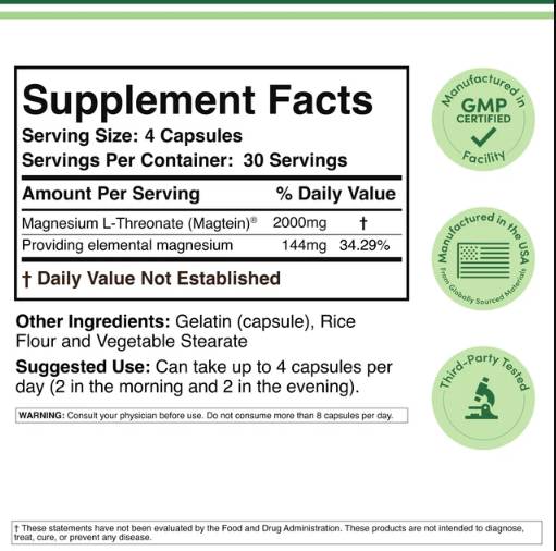 Label of Double Wood Supplements Magnesium L-Threonate 77 mg | Magtein® 120 капсули, 30 Дози